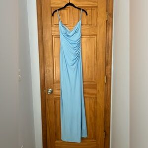 Light blue cowl neck mermaid maxi dress